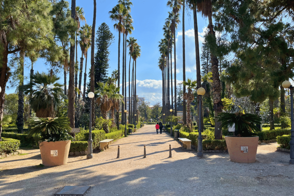 Ein Weg mit Bäumen und Sträuchern in einem Park in Palermo.